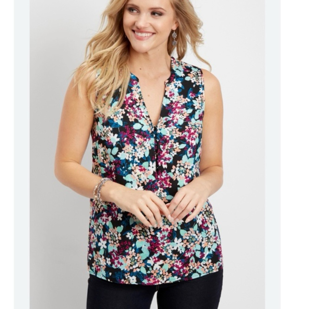Maurices Floral Sleeveless V-Neck Blouse in Black, Teal, Pink, White